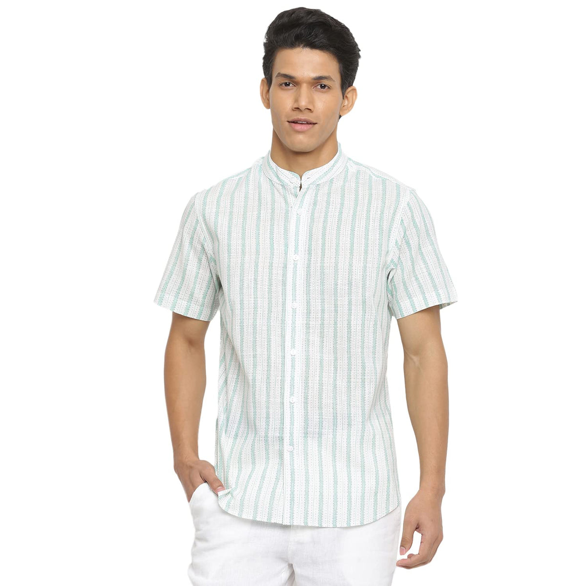 Fabindia Men Stripe Chinese Collar Casual Shirt Cotton_Xs White