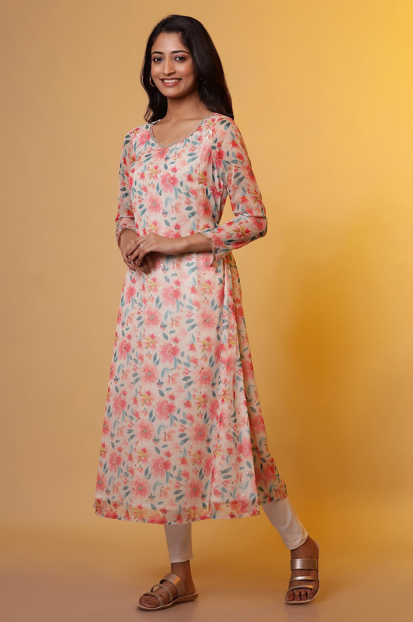 Aurelia Women? Floral Printed Lace Straight Kurta | Sweatheart Neck Kurta for Women | Floral Printed Kurta for Women | Beautiful Regular Fit Kurta for Women