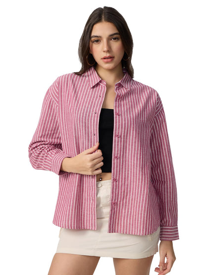 The Souled Store Cotton Linen Stripes: Roselle Women and Girls Long Sleeves Collared Neck Button Front Pink Cotton Linen Boyfrie
