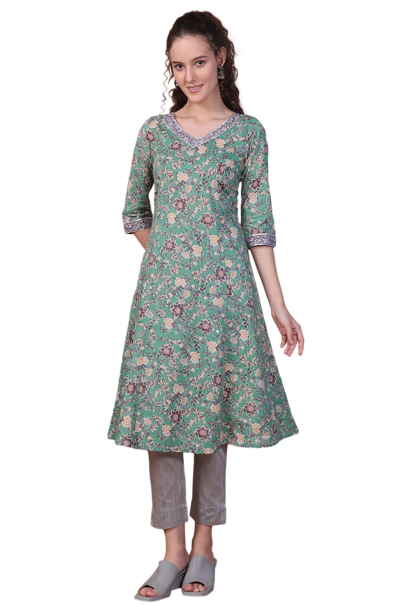 Aurelia Women's Green Floral Printed Pure Cotton A-line Kurta (Size: M)-A16039-508743