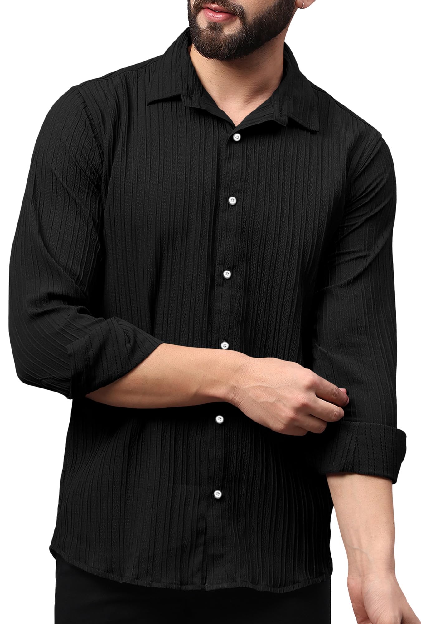 Finivo Fashion MenS Casual Button Down Shirts Long Sleeve Linen Shirt Fashion Textured Beach Summer Shirts Black