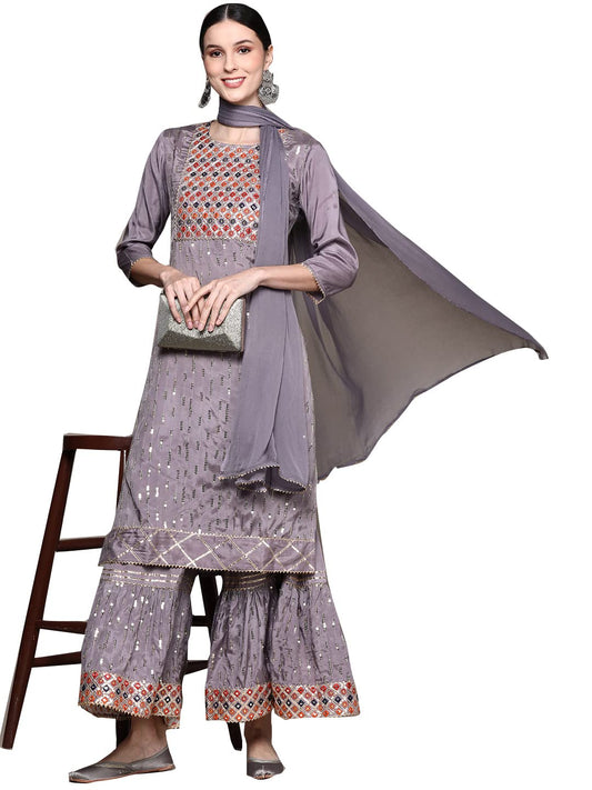 ishin Women's Mauve Embellished A-Line Kurta set With Sharara And Dupatta