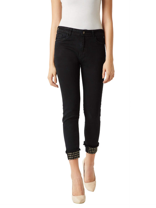 Dolce Crudo WomenS Black Slim Fit High Rise Clean Look Regular Length Embellished Stretchable Denim Jeans(Doaw18Den02-58-62-32,B