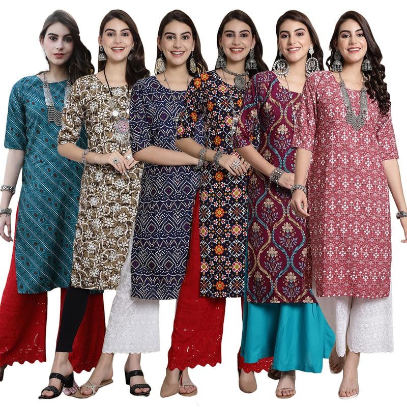 Pinkmint WomenS Crepe Kurti Round Neck Straight Kurti For Women Comfortable Kurti Regular Wear Kurti For WomenS (Pack Of 6)