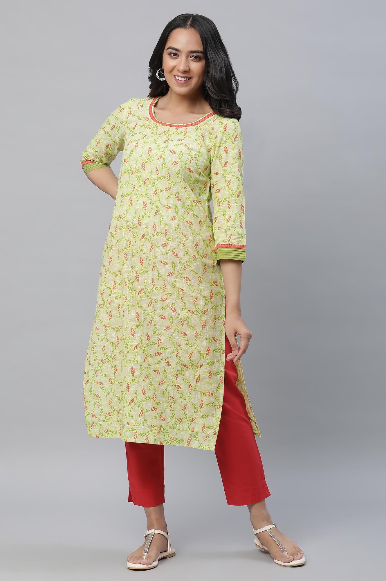 Aurelia Green Leaf Print Cotton Regular Kurta For Women
