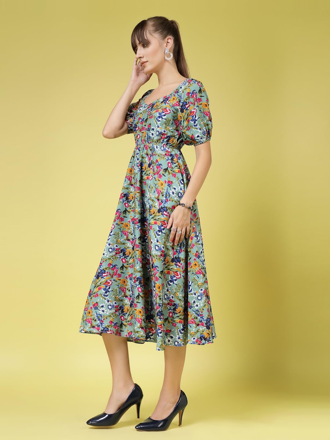 Oomph! Flared Dress For Women Stylish | Long One Piece For Women | Puff Sleeve Long Dress | Floral Print Maxi One Piece | Wester