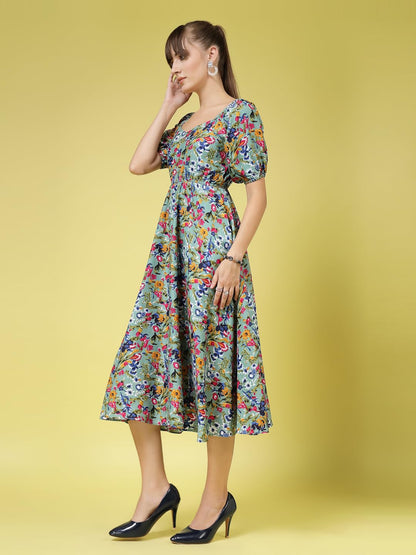Oomph! Flared Dress For Women Stylish | Long One Piece For Women | Puff Sleeve Long Dress | Floral Print Maxi One Piece | Wester