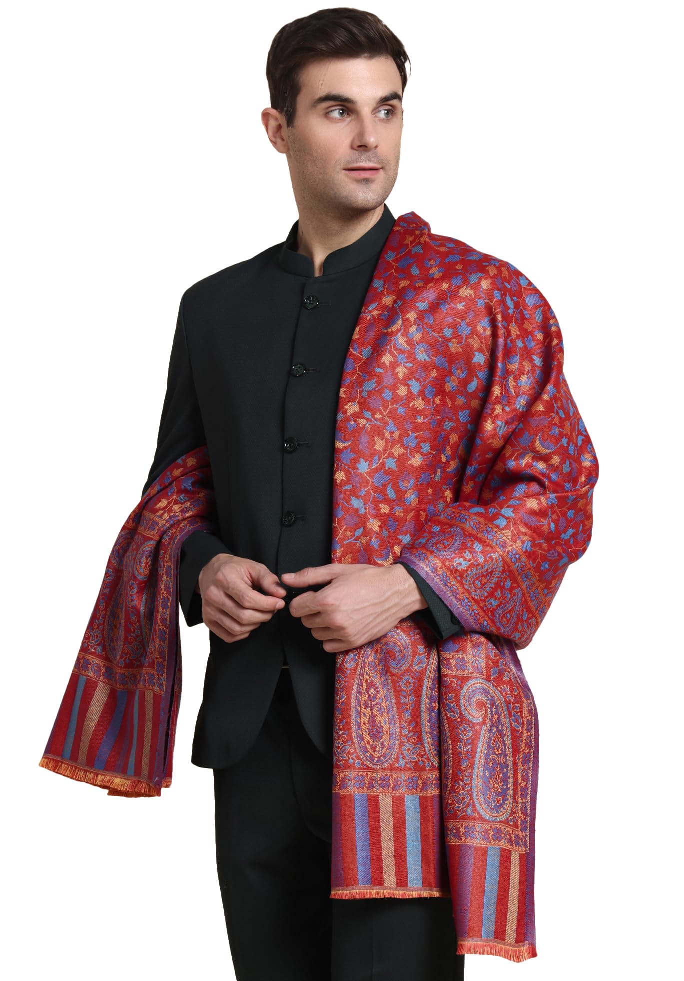 Weavers Villa Mens Acro Wool Blended Shawl - Handloom Woven Paisley Pattern - Stoles for Men - Gents Shawls - Soft & Warm Wrap