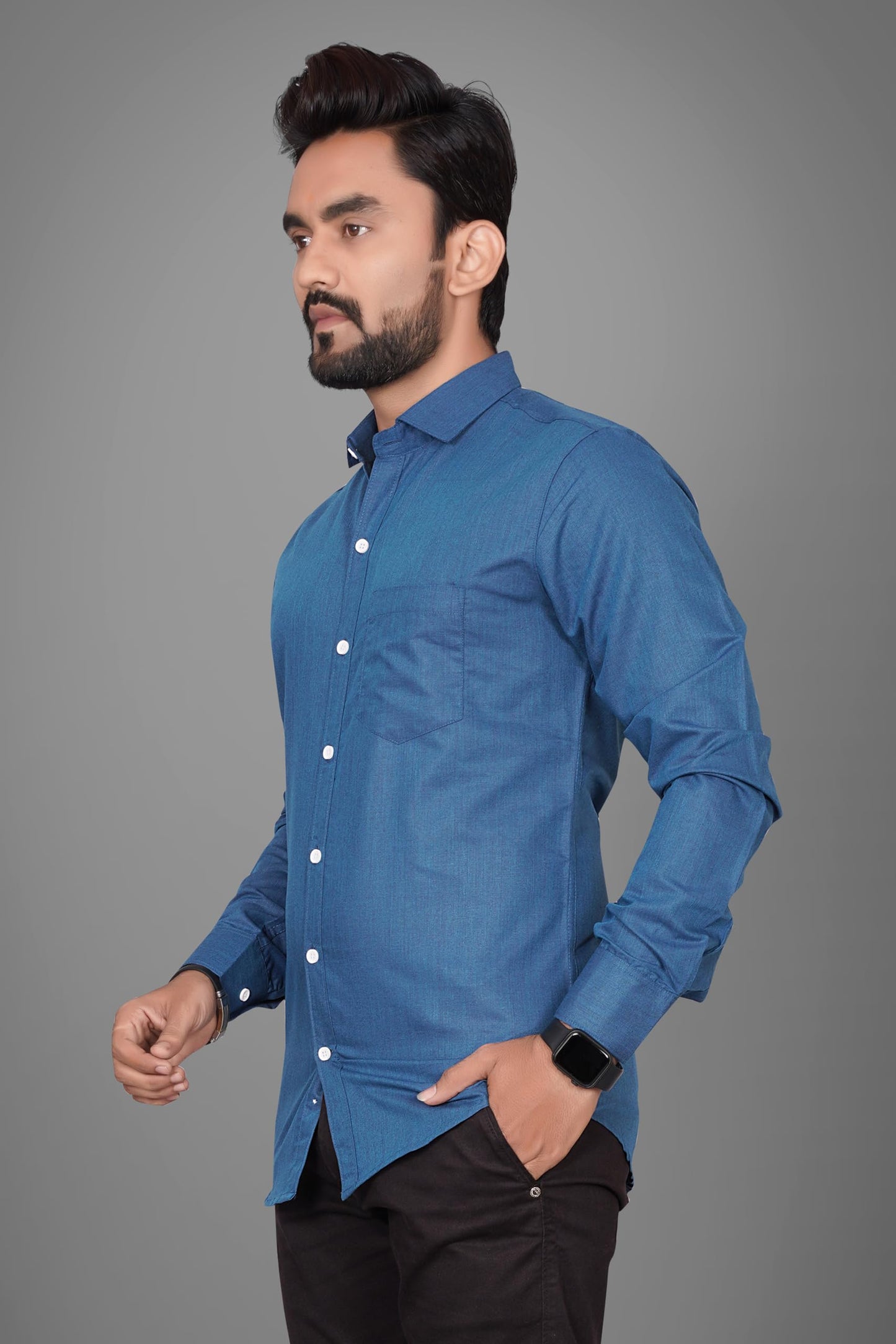 Besix MenS Cotton Blend Solid Shirt With Spread Collared Full Sleeve Button Closure Curved Hem Straight Length And One Pocket |