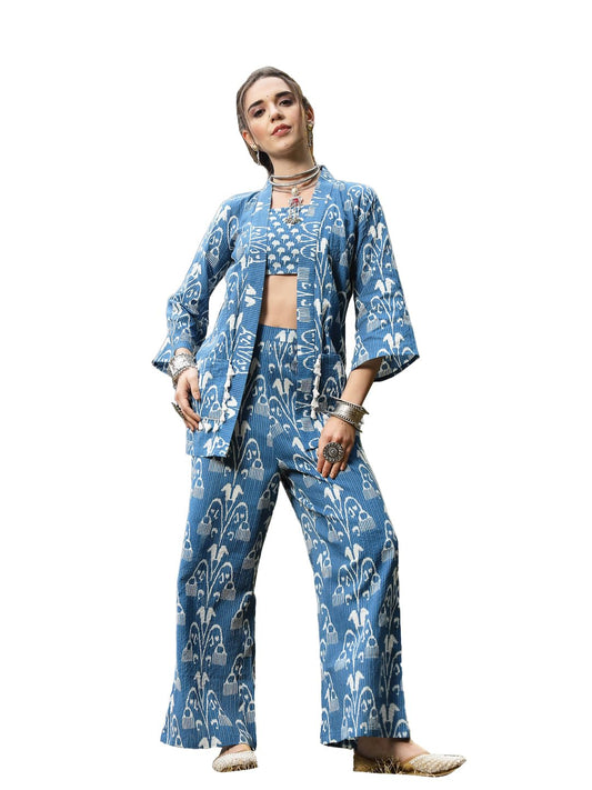 Stylum Womens Ikat Printed Katha Cotton Kurti Pant Set