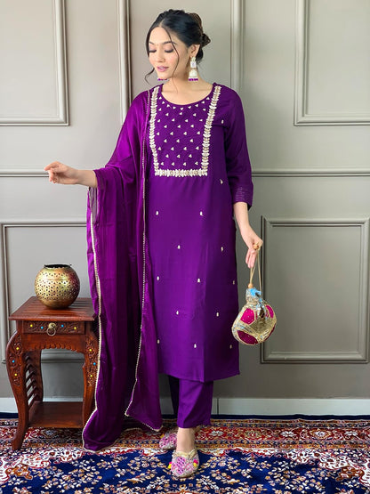 Naixa Womens Violate Rayon Slub Embroidered Straight Kurta with Rayon Slub Pant and Chinon Laced Dupatta Sets (NX3-M-Pragati-Vi