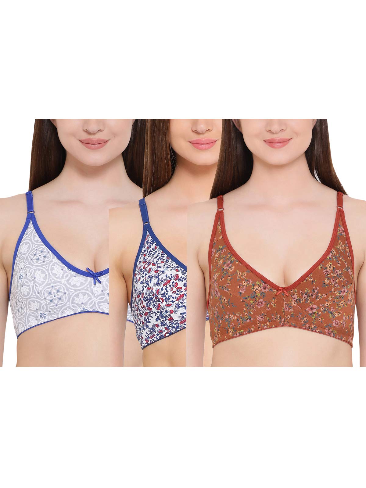 Clovia WomenS Pack Of 3 Cotton Non-Padded Non-Wired Full Cup Bra (Combrc725_Multicolored_36B) (Print And Color May Vary)