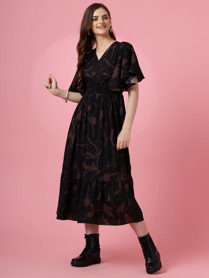 Sheetal Associates WomenS Maxi Geometric Print Crepe Flared Sleeve Casual Dress Black