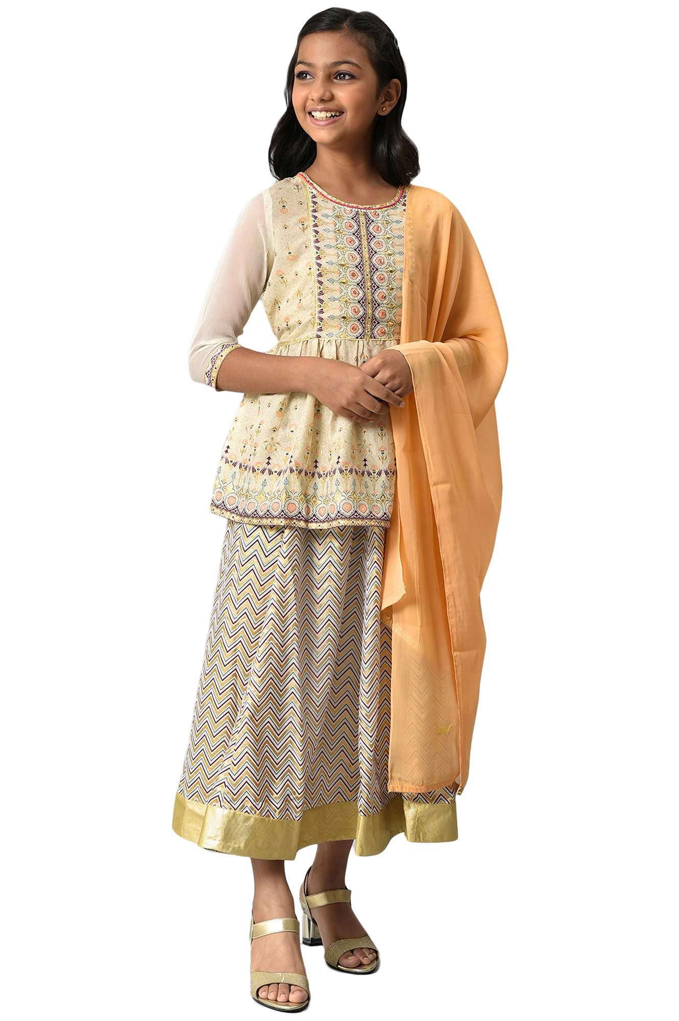 Aurelia Girl's Polyester Kurta-Skirt-Dupatta (22AUG10154A-504361_Beige