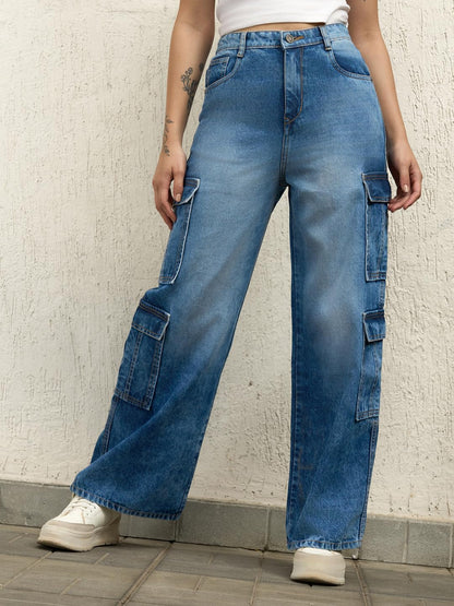 Hubberholme Women Cotton Wide Leg High-Rise Casual Jeans 56 Blue