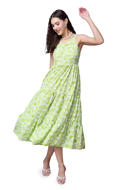 Popwings Casual Georgette Flare Maxi Dress For Women | Sleeveless Long Printed Stylish Dress Green