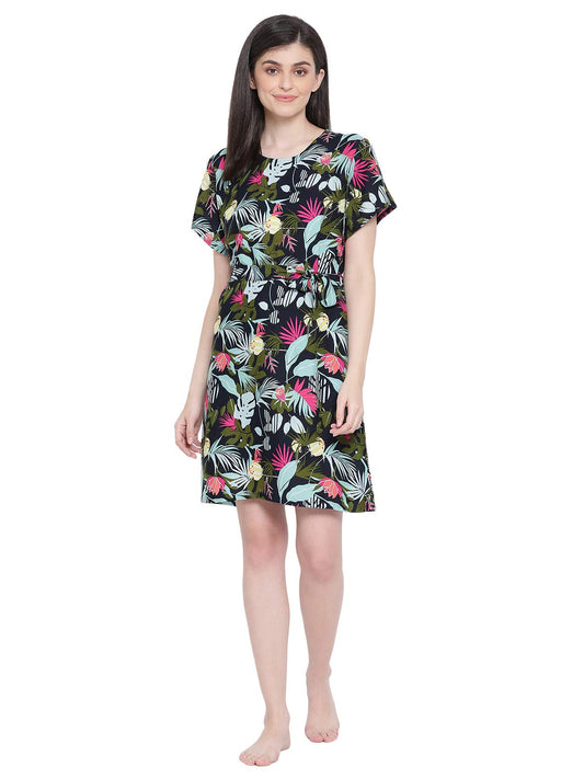 Clovia Womens Crepe Floral Knee Length Night Dress (NS1335A19S_Multicolor_S)