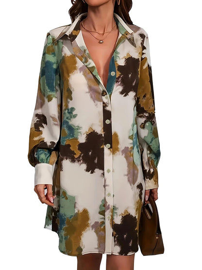 Shasmi WomenS & GirlS Green And Brown Tie Dye Print Button Front Shirt Dress, Elegant Long Sleeve Dress For Spring & Fall, Wom