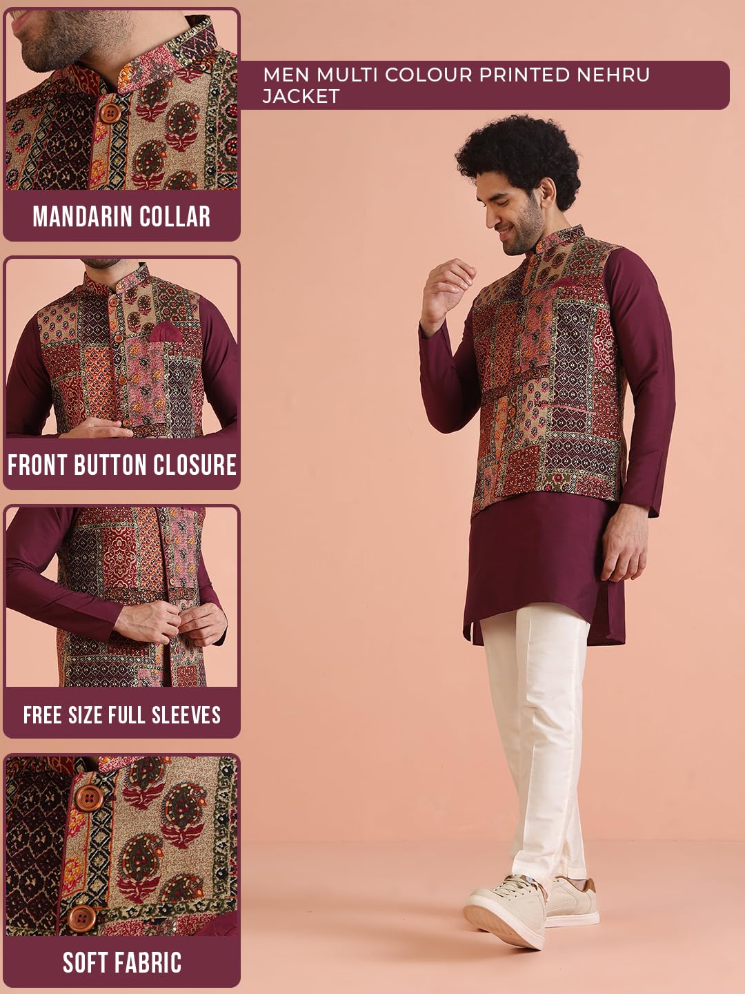 Kisah Nehru Jacket For Men  Printed Silk Blend Modi Jacket | Ethnic & Formal Waist Coat For Weddings, Parties & Office Wear