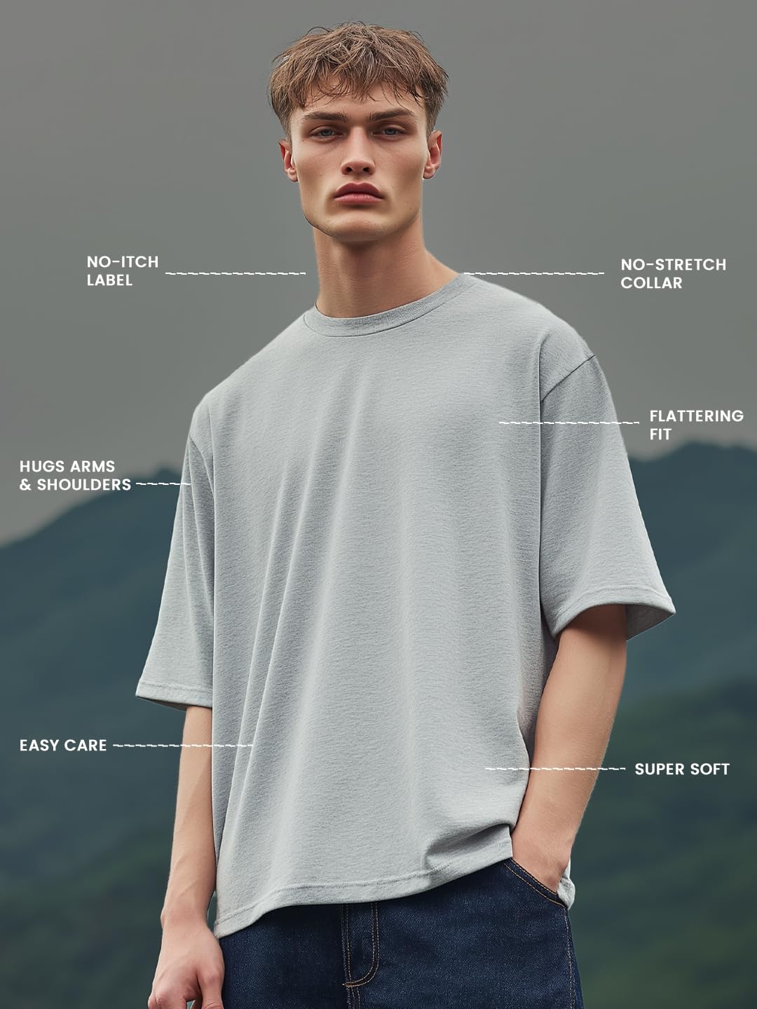 Nobero MenS Solid Oversized Fit T-Shirt (1M-Twrt-R0002_Grey Melange/Olive