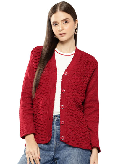 Aarika Womens Casual Wear Red Colour Solid Woolen Cardigan (S-L)