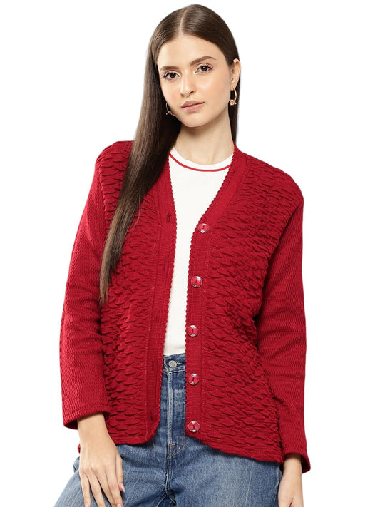 Aarika Womens Casual Wear Red Colour Solid Woolen Cardigan (S-L)