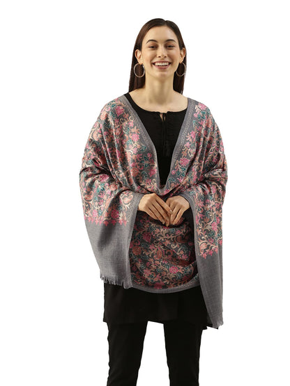 Pashmoda Womens 100% Pure Wool Nalki Embroidered Stole, Shawl and Wrap, Woolmark Certified, Sustainable and Natural Fabric (Size