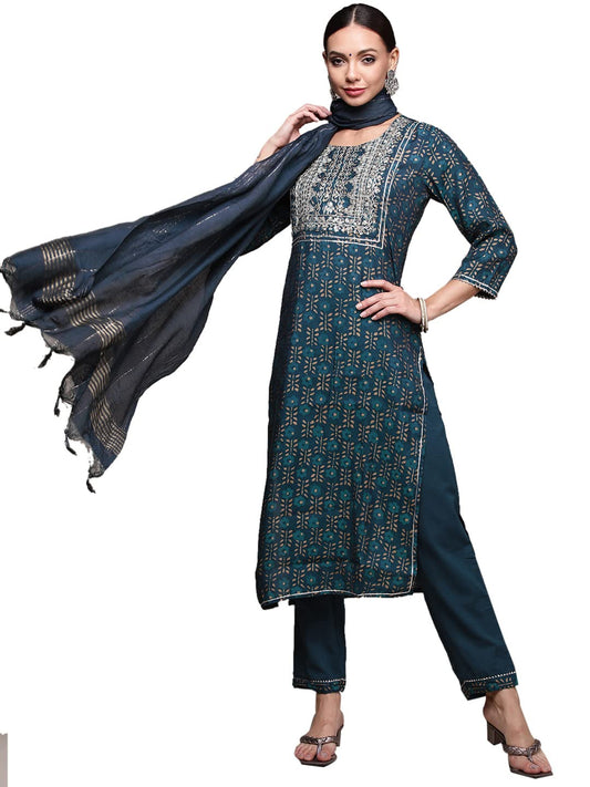 anubhutee Women's Muslin Teal Ethnic Motifs Embroidered Straight Kurta Suit Set With Pants And Dupatta