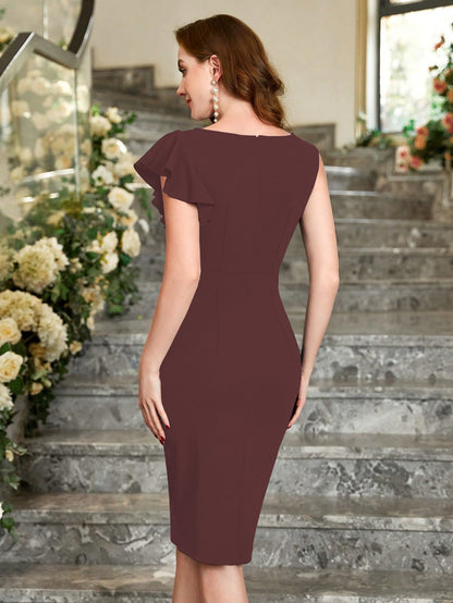 Shasmi GirlS & WomenS Asymmetrical Sleeve Ruffle Trim Cocktail Party Fitted One Piece Knee Length Midi Dress For Women Stylish