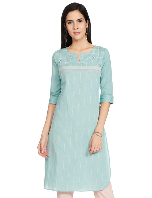 W for Woman Light Blue Floral Grid Embroidered Kurta