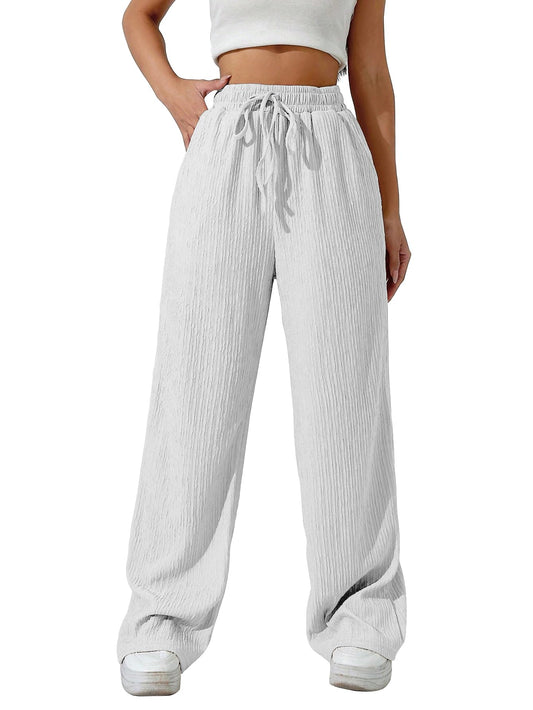 Sugathari Womens White Loose Wide-Leg Pants with Textured Wrinkled Fabric and Drawstring Waist Long Trousers (Trouser 157 White