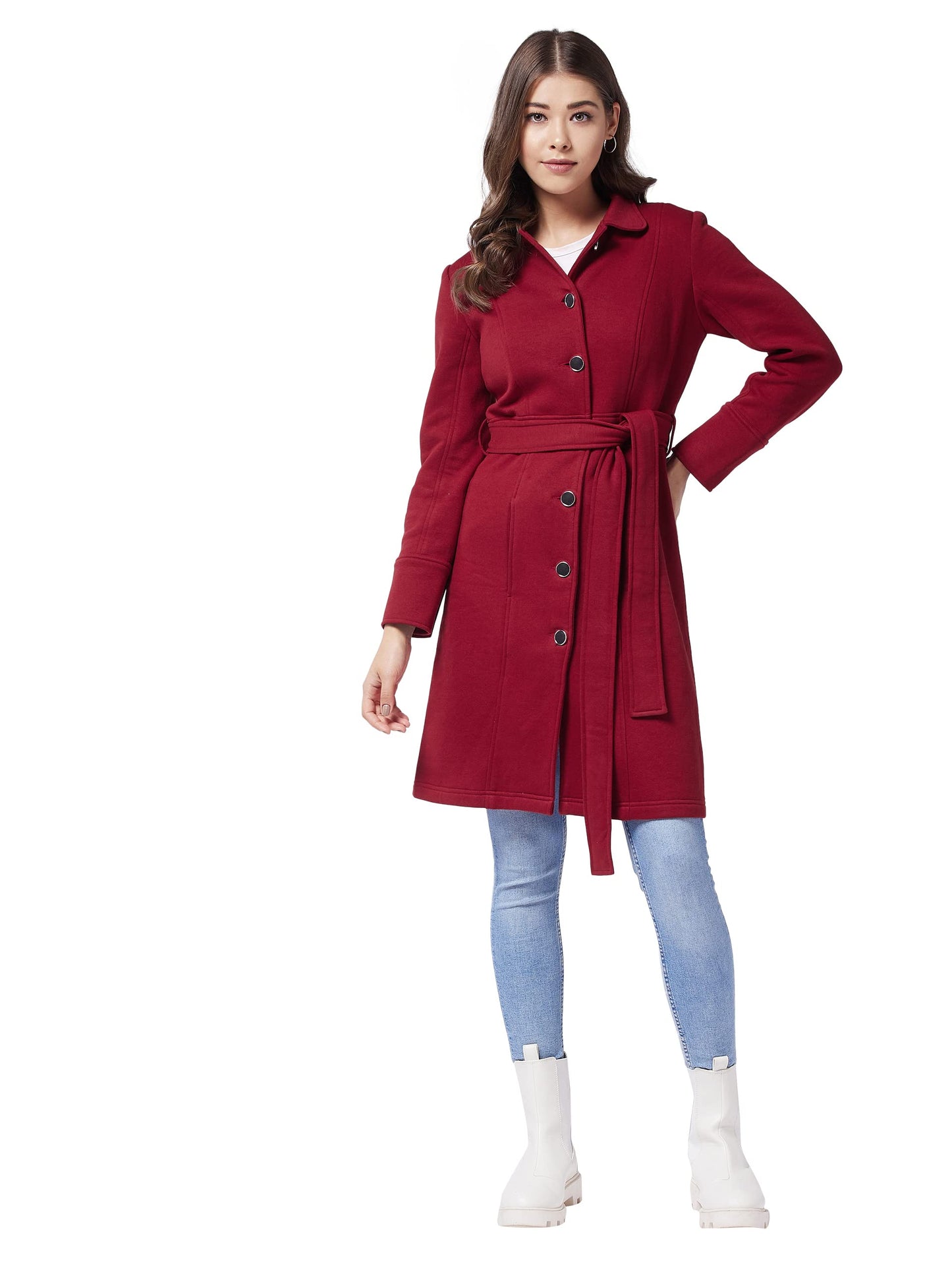 Miss Chase WomenS Maroon Collared Full Sleeve Solid Tie-Up Longline Jacket (Mcaw21Jkt03-40-143-06,Maroon,Xl)