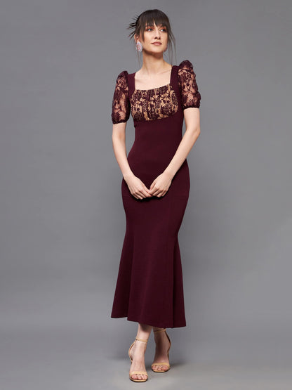 Miss Chase Womens Square Neck Short Puff Sleeve Self Design Lace Overlaid Bodycon Midi Dress (MCSS23D79-01-184-02, Wine, XS)
