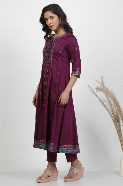 W For Woman Purple Floral Printed Blend Zari Kurta And Pant Set