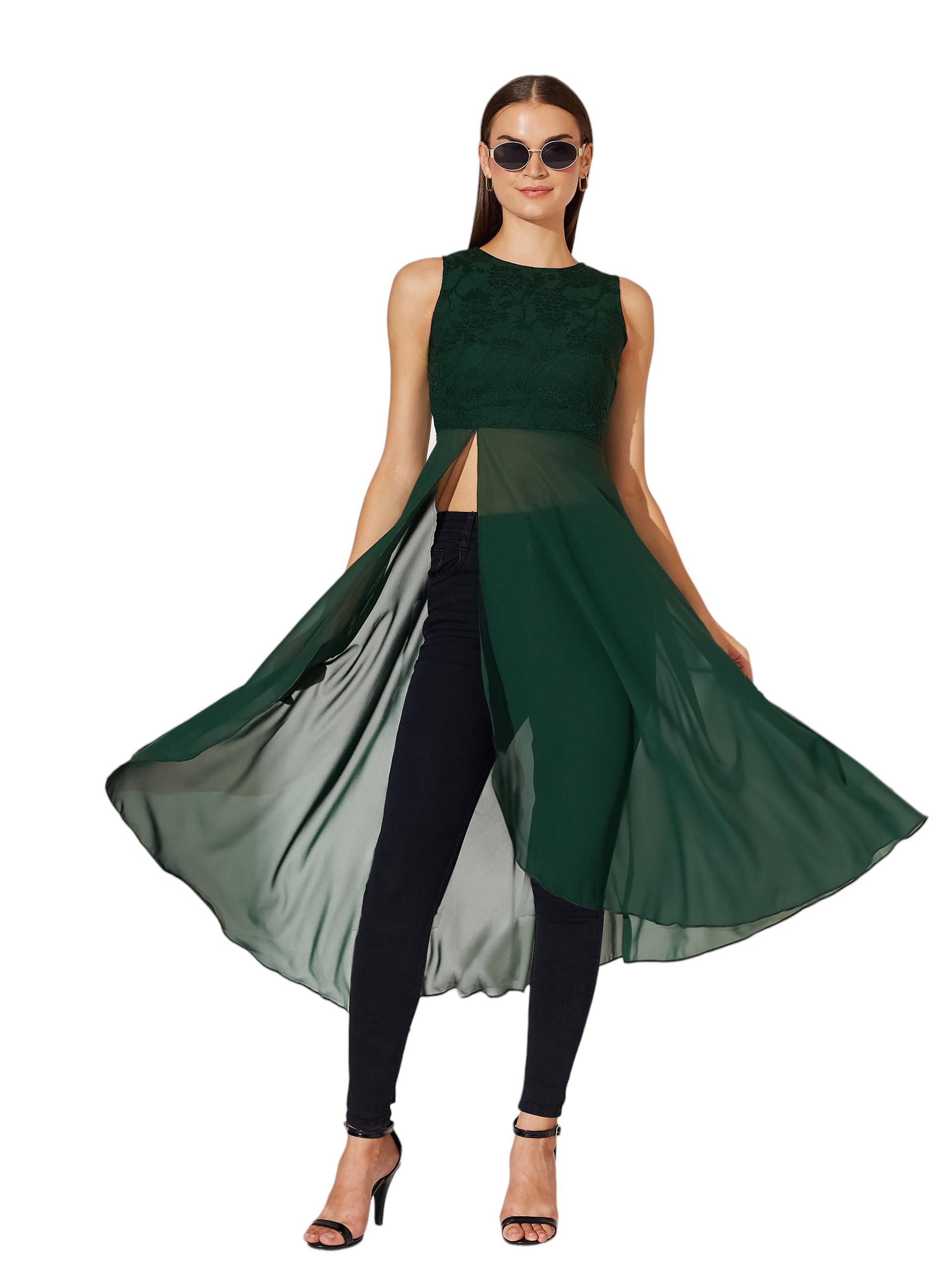 Miss Chase WomenSround Neck Sleeveless Lace Overlaid Maxi Top (Mcaw25Tp98-70-236-06, Forest Green, Xl)