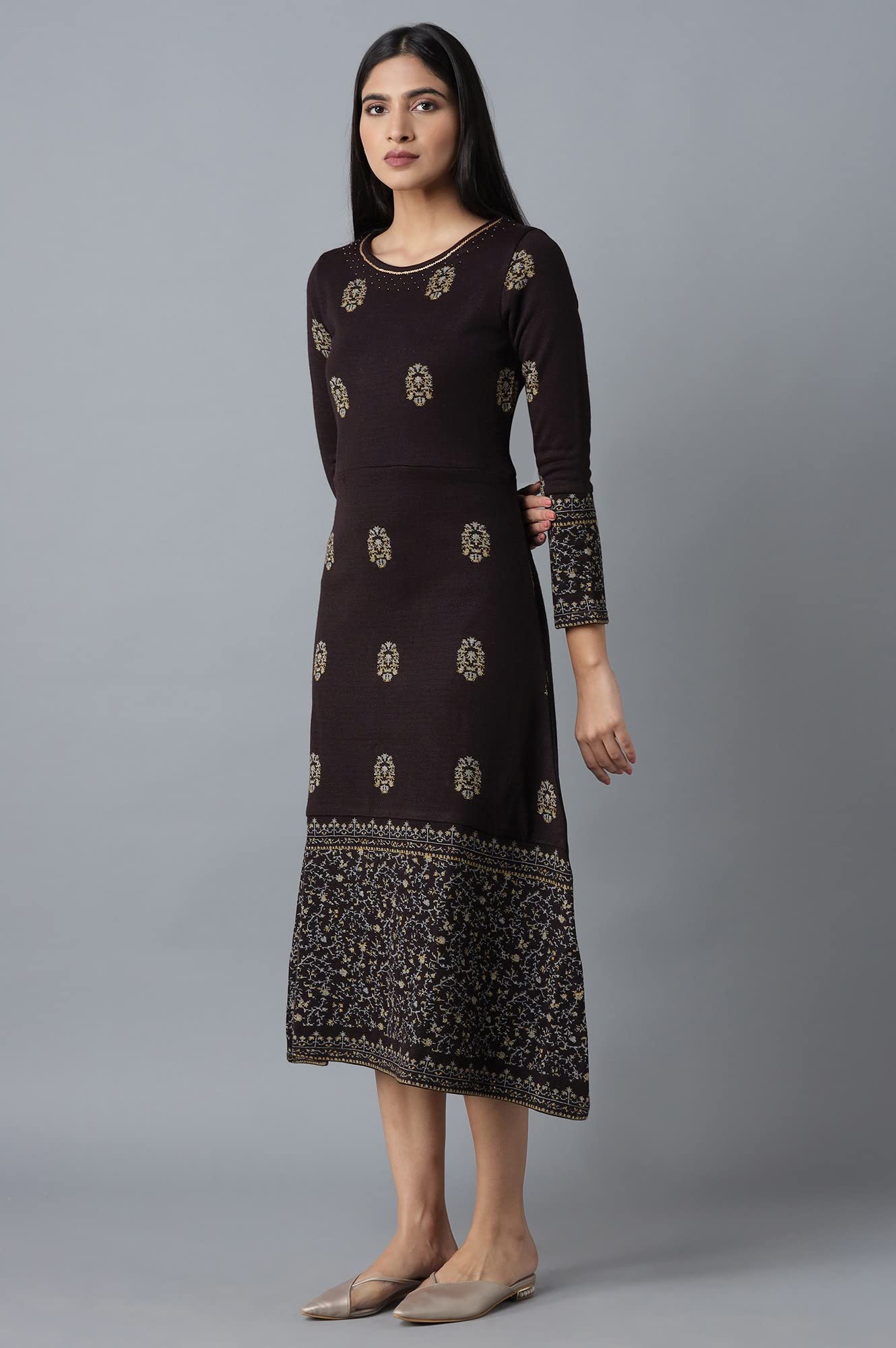 W for Woman Women's Acrylic Dark Purple Embroidered Winter Dress Below The Knee