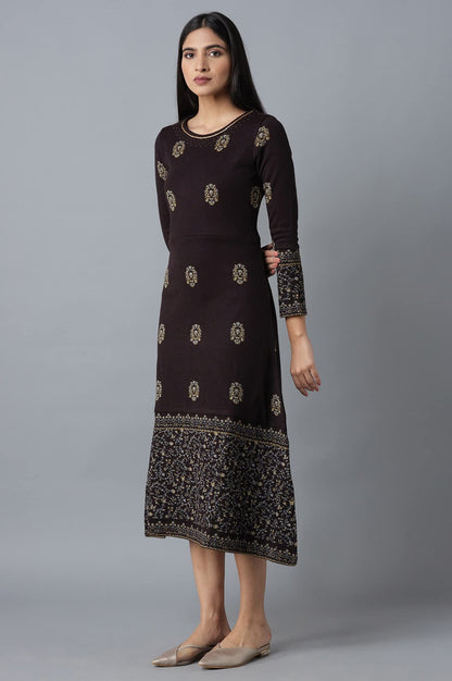 W for Woman Women's Acrylic Dark Purple Embroidered Winter Dress Below The Knee