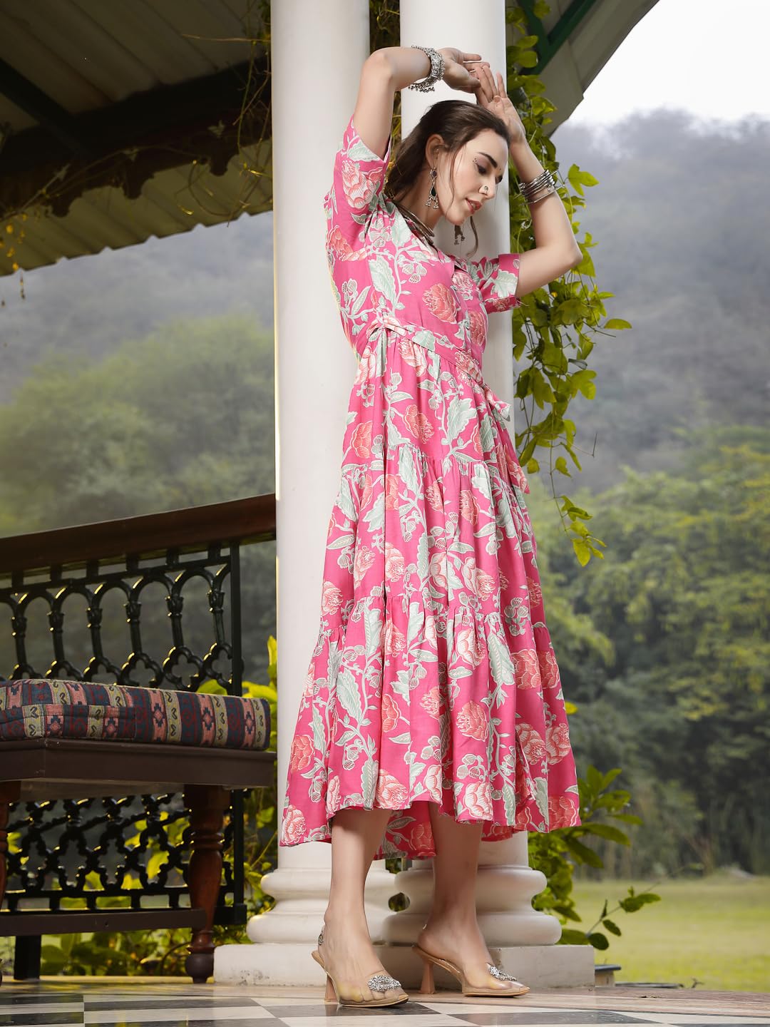Stylum Womens Pink Floral Printed Rayon Tiered Dress
