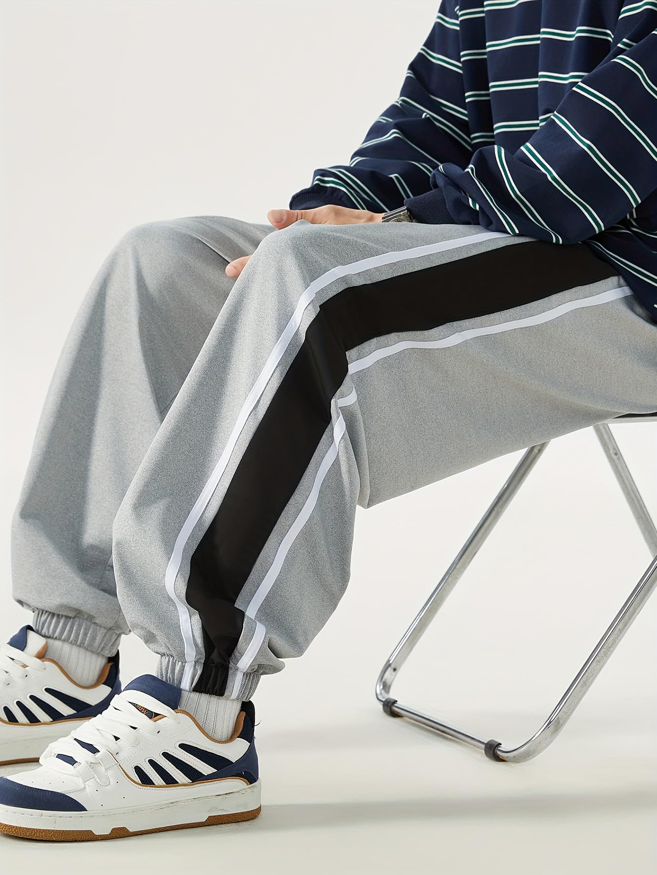 Shasmi Light Grey Side Striped Pants Men Oversized Baggy Wide Leg Trousers Elastic Waist Streetwear Joggers Men Track Pant for M