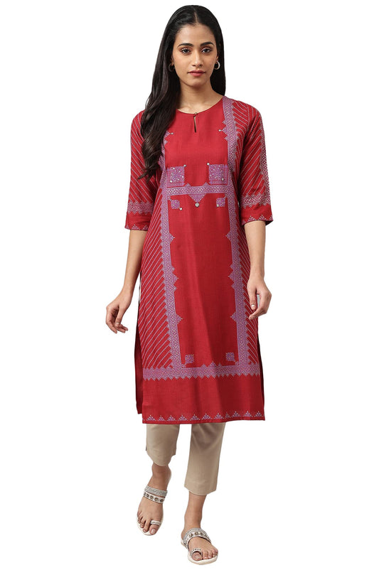 W For Woman Red Geometric Printed Regular Kurta with Gold Glitter Sequins