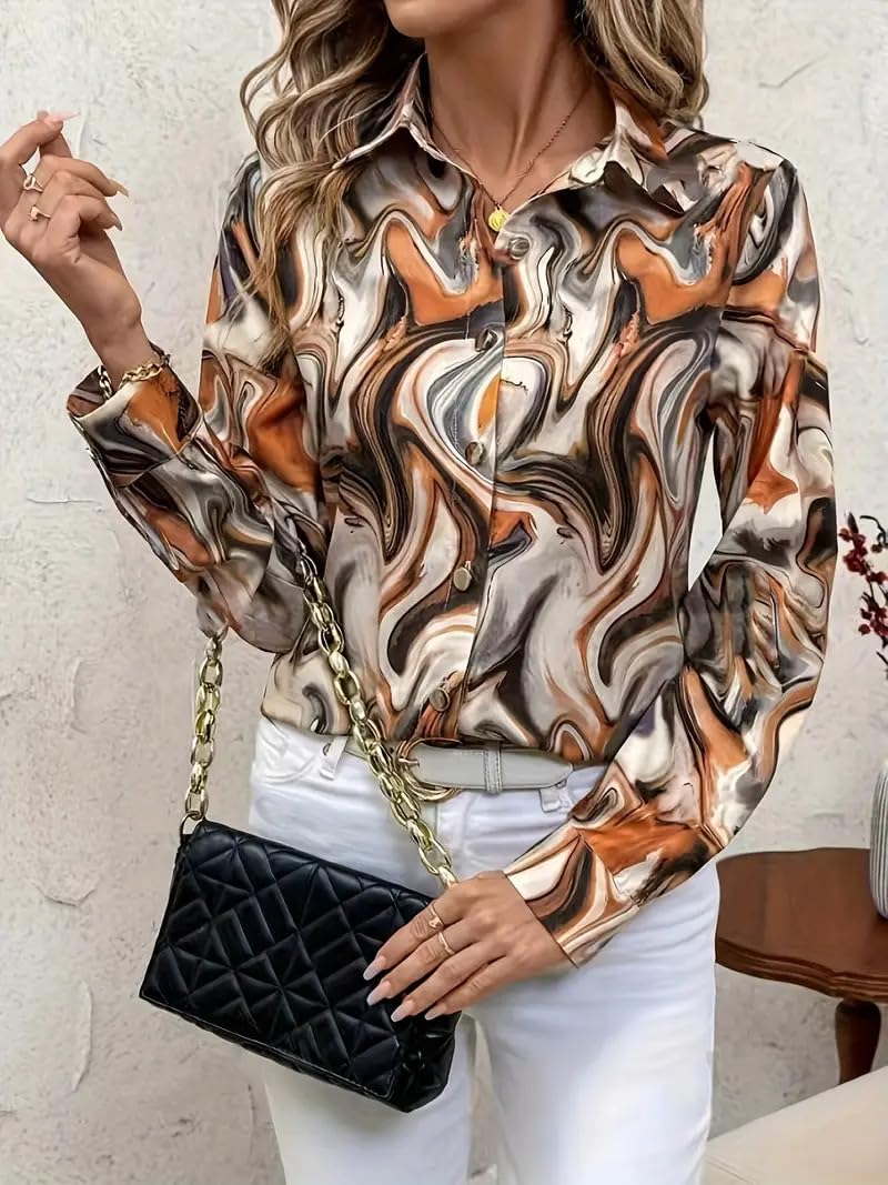 Indoprimo WomenS Satin Shirt With Long Sleeves Western Style Spread Collar Neck Relaxed Fit Abstact Printed Pattern And Standar