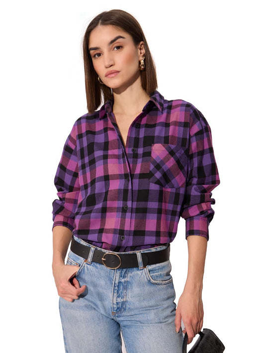 The Souled Store Plaid Shirt: Petunia Women and Girls Long Sleeve Collared Neck Button Down Boyfriend Shirts Womens Boyfriend Sh