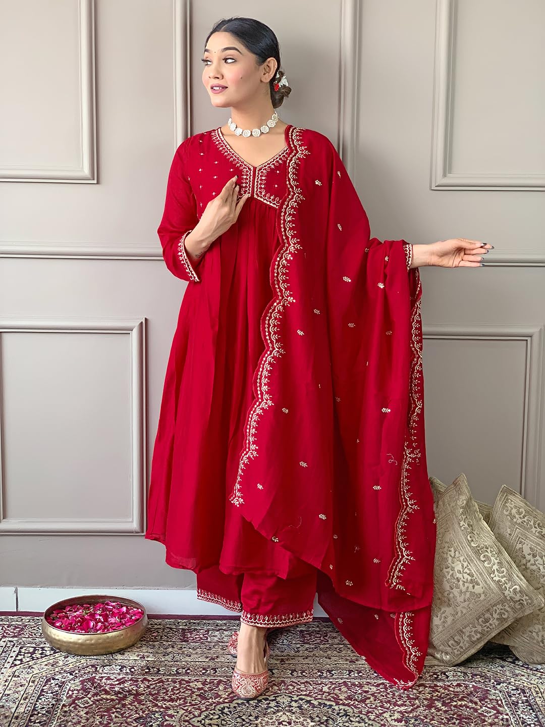 Naixa Womens Red Vichitra Silk Embroidered A-line Kurta with Vichitra Silk Pant and Chinon Embroidered Dupatta Sets (NK-443-Red