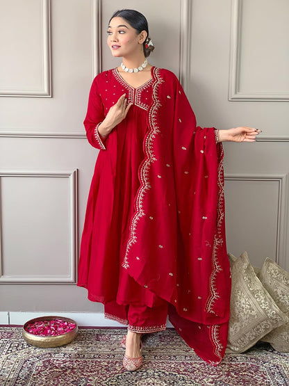 Naixa Womens Red Vichitra Silk Embroidered A-line Kurta with Vichitra Silk Pant and Chinon Embroidered Dupatta Sets (NK-443-Red