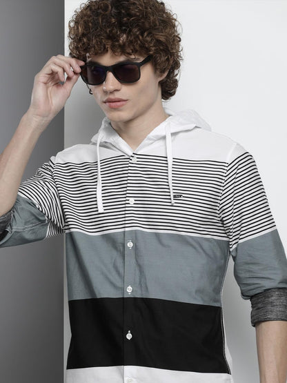 The Indian Garage Co White Regular Fit Spread Collar Striped Long Sleeves Shirt