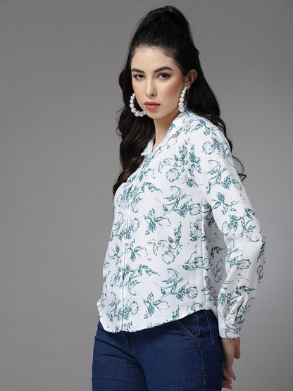 OOMPH! Shirts for Women, Floral Printed, White, Blue