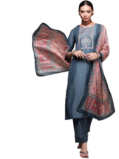 anubhutee Women's Silk Blue Floral Embroidered Straight Kurta Suit Set With Pants And Dupatta