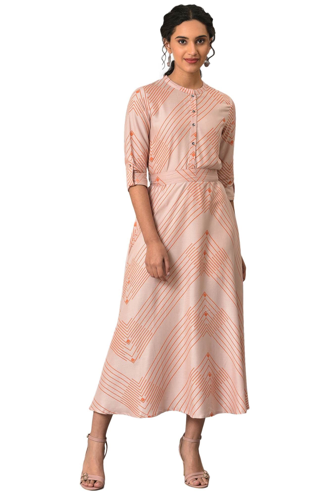 W Light Pink Geometric Printed Maxi Dress For Women