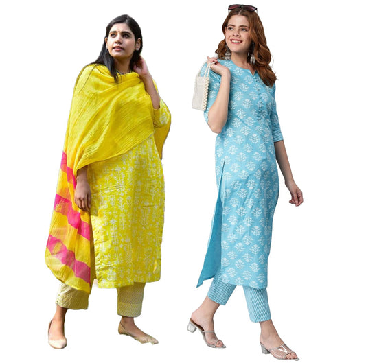 ANNI DESIGNER Women's Cotton Blend 3 Pack Of Combo Kurta Pant Set (2 Set)