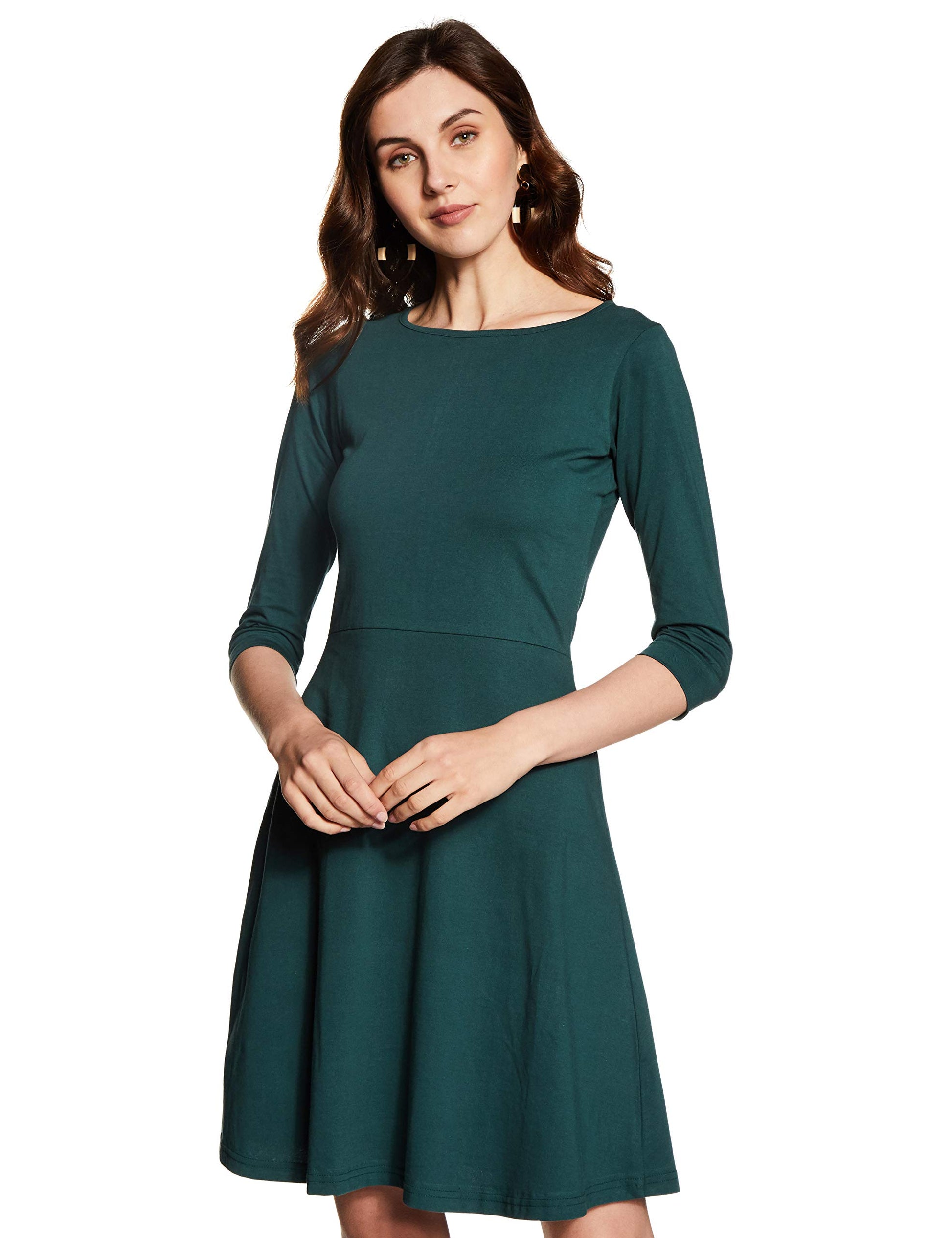Miss Chase WomenS Super Soft Round Neck 3/4 Sleeves Solid Mini Skater Dress With Zip Closure | 3 Colors(Mcaw17D09-70-48-06, Gre
